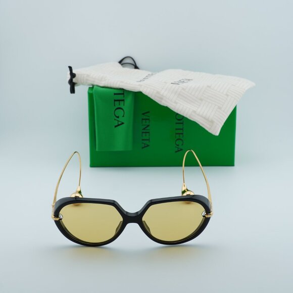 Bottega Veneta BV1436S 001 Square Sunglasses - Shiny Black Gold/Yellow